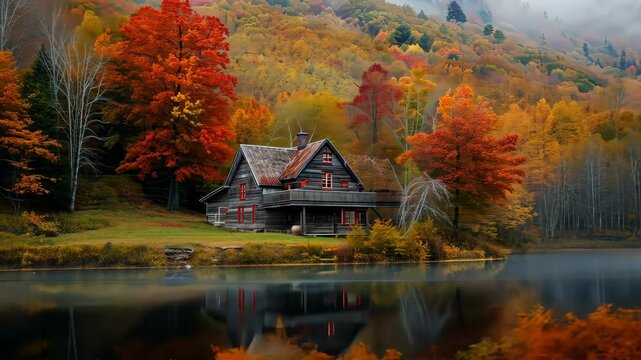 Enjoy autumn's beauty in a cozy cabin by a tranquil lake with vibrant fall colors