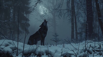 A lone wolf howling at a moonless sky in an empty, snow-covered forest, the echoes of its ancestors' howls fading into silence, signifying the extinction of its pack