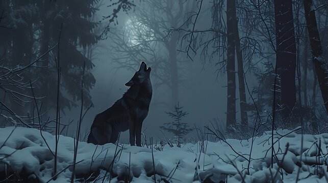 A lone wolf howling at a moonless sky in an empty, snow-covered forest, the echoes of its ancestors' howls fading into silence, signifying the extinction of its pack