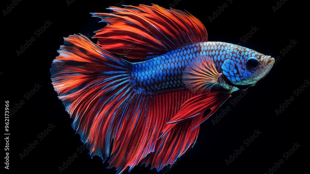 Poster detailed shot of a betta fish with elaborate fins and vivid hues, showcasing its intricate patterns 