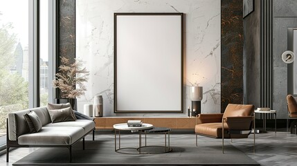 Mock-up of a poster frame in a modern living room with an Art Deco style. 3D render and illustration.