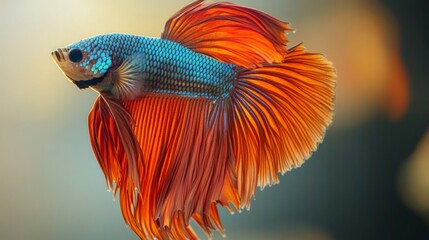 Obraz premium Detailed shot of a Betta fish with striking metallic colors and intricate fin details, set against a simple, light-colored background to highlight its beauty.