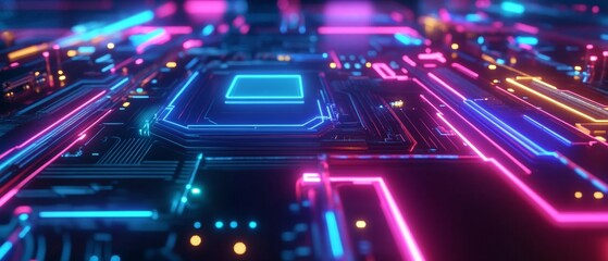 A computer chip with neon lights is shown in a black background