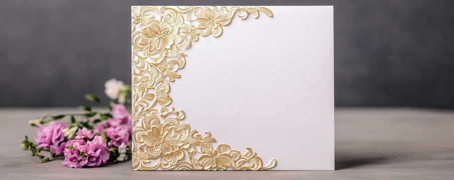 A single ornate wedding invitation with pressed gold foil, invitation, ornate, gold foil