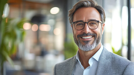 Fototapeta premium A man with glasses and a beard is smiling for the camera