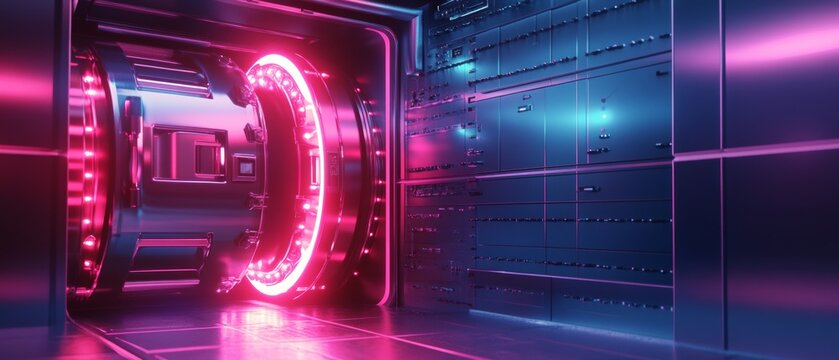 A futuristic space with a large glowing door - Powered by Adobe