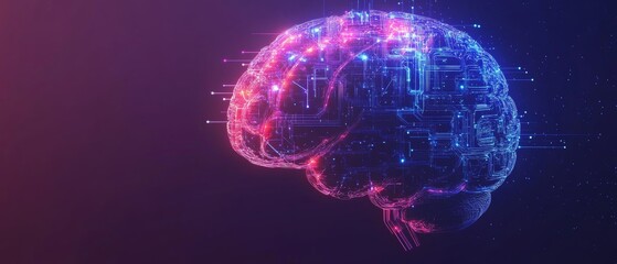 A brain with a lot of wires and circuits is shown in a purple and blue color