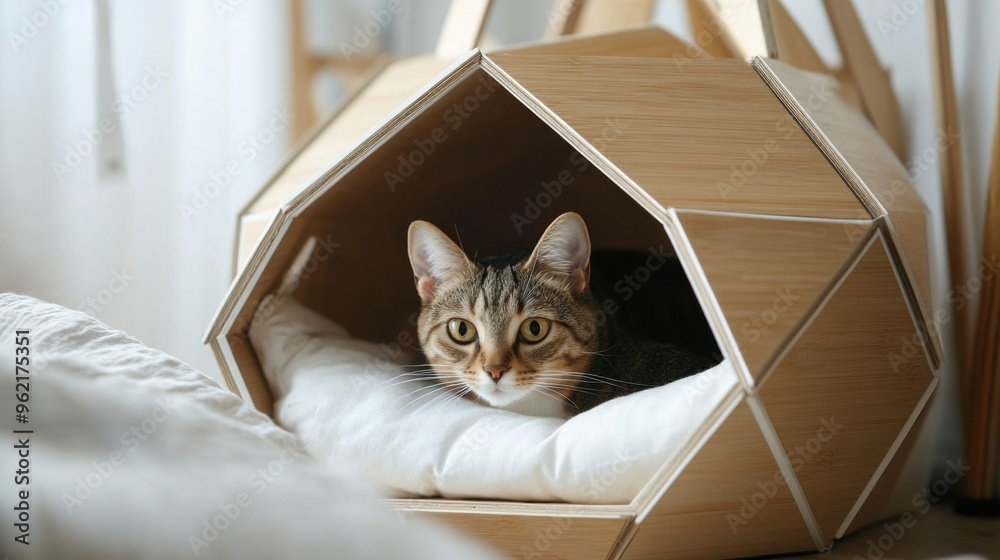 Poster detailed shot of a cat house with a unique geometric design, featuring a sleek entrance and soft bed