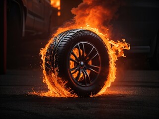 burning tyre in the black background