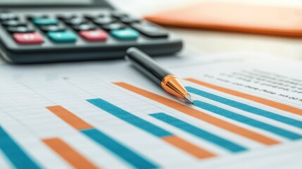 Detailed Business Plan with Financial Graphs and Calculator, Copy Space Available for Text, Clear Deep Depth of Field Image