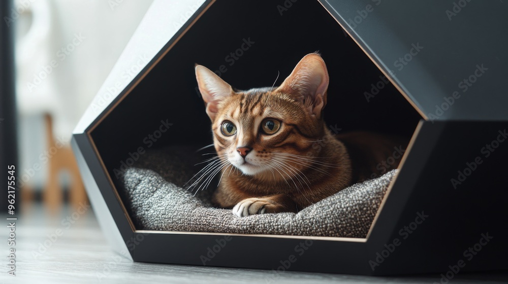 Poster detailed shot of a cat house with a unique geometric design, featuring a sleek entrance and soft bed