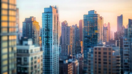 Obraz premium Detailed shot of a city skyline featuring multiple tall buildings, with emphasis on the architectural details and the contrast with the surrounding cityscape