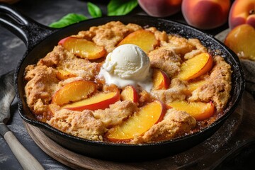 A rustic peach cobbler baked in a cast - iron skillet, topped with a scoop of vanilla ice cream