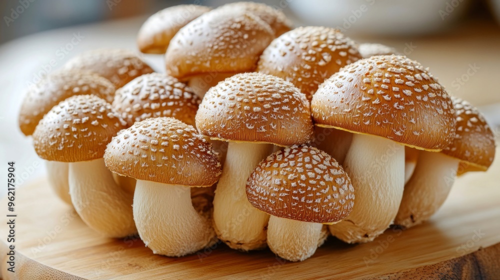 Poster detailed shot of a cluster of shiitake mushrooms on a wooden cutting board, emphasizing their distin