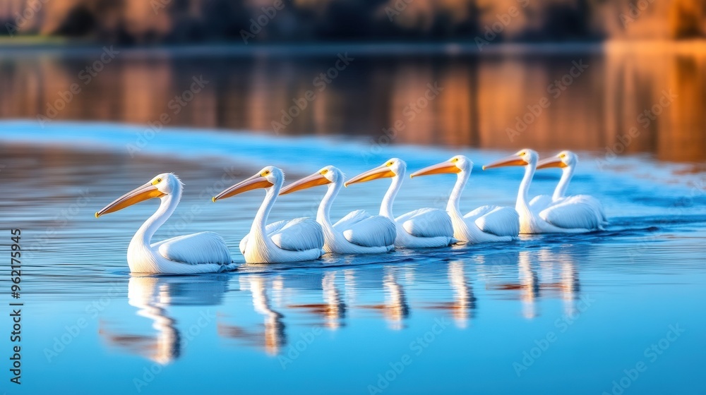 Canvas Prints a group of pelicans are swimming in a row on the water, ai