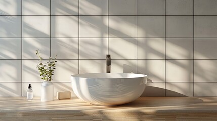 Fototapeta premium A white vanity counter featuring a ceramic washbasin and a modern faucet in a bathroom, illuminated by morning sunlight and shadows. Empty space ideal for product display mockups. Background includes 