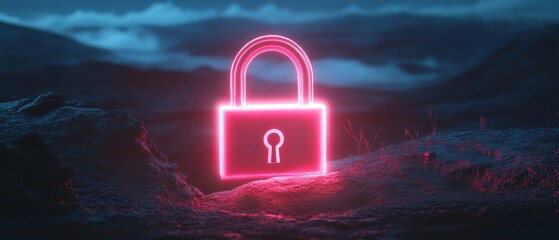 A glowing red lock is on a rocky hillside