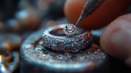 exquisite jeweler carefully places gem in silver ring, striving for flawless perfection, captured in striking banner design