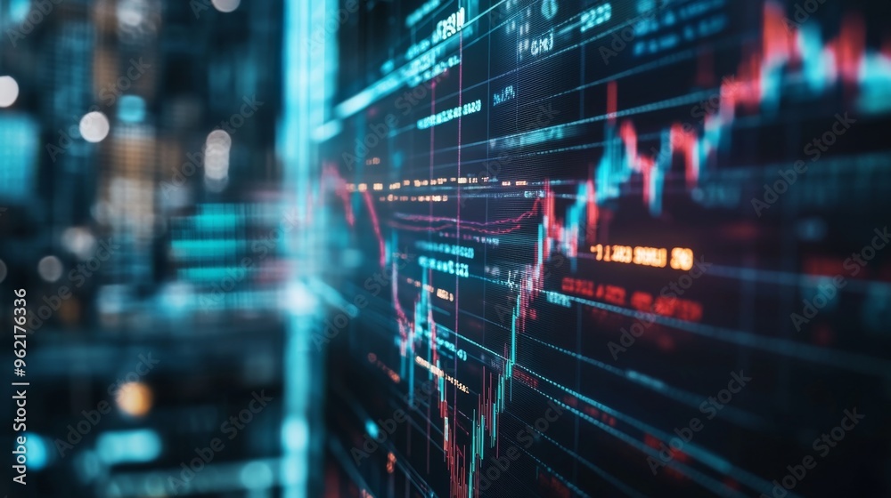 Aufkleber Detailed shot of a financial graph with fluctuating stock prices, highlighting various data points and trend lines in a professional setting.