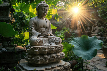 Serene Buddha Statue Basking in Golden Sunlight, Seated on a Lotus Pedestal Amid Lush Greenery