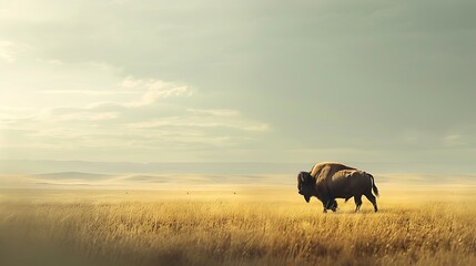 Majestic bison standing alone in vast grassland, golden prairie, dramatic cloudy sky, distant mountains, expansive landscape, wide open spaces, cinematic lighting, atmospheric, moody, 