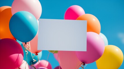 A collection of vibrant balloons in various colors surrounds a blank card, set against a bright, clear sky. This lively image is ideal for party invitations, announcements, or creative designs that