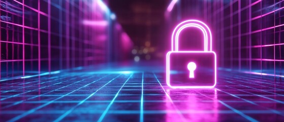 A neon colored lock is displayed on a blue and purple background