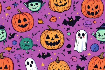 Adorable Halloween Doodle Pattern with Cute Pumpkins, Friendly Skeletons, Playful Monsters, and Smiling Ghosts