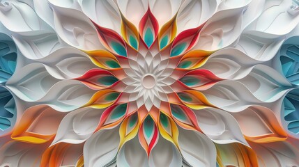 Symmetrical, abstract design resembling a flower with layered petals in various colors