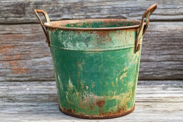 Rustic green metal bucket wooden backdrop