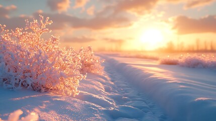 A frosted bush stands in the snowy landscape as the sun sets behind the horizon, casting a warm glow on the scene.