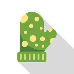 Green winter mitten with yellow polka dots casting a long shadow, isolated on a white background