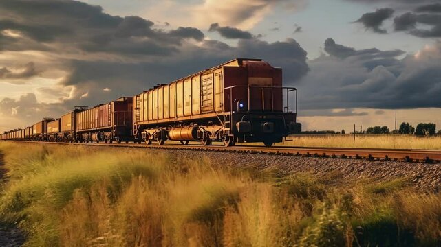 Long freight train travels through picturesque countryside at sunset. Bathed in golden light with dramatic clouds adding to the view. Capturing industry and logistics in action on a summer evening