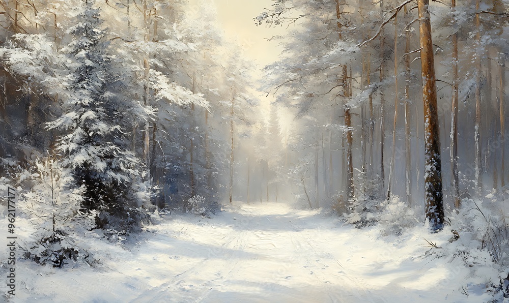 Poster snow-covered forest path in winter