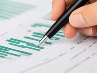 Hand holding a pen over a business plan document, strategic decision-making process