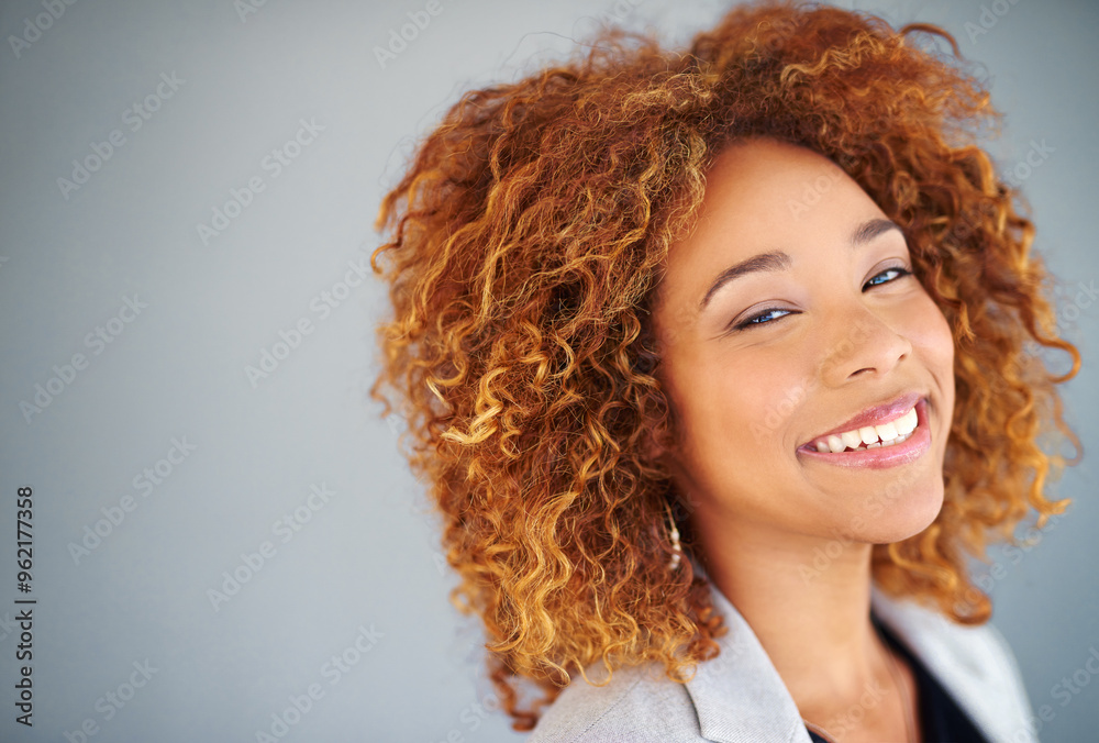 Sticker Portrait, smile and business woman in studio isolated on gray background space. Face, happy professional and expert entrepreneur or public relations agent with opportunity or experience in Argentina