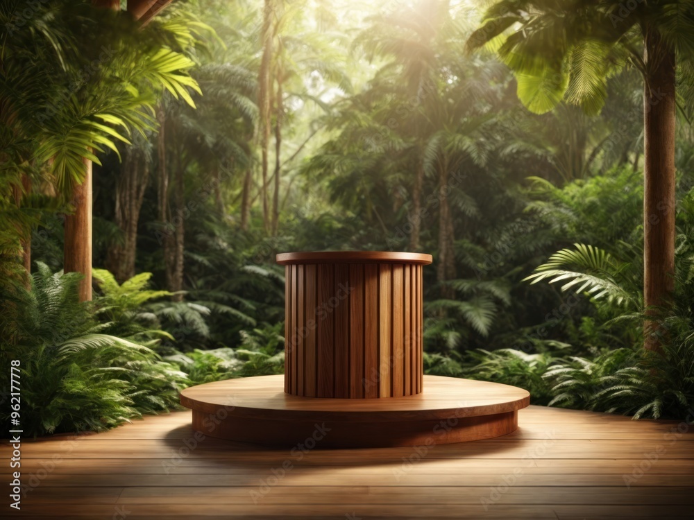 Poster Wooden podium in tropical forest for product presentation