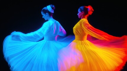 Flamenco dancers in a dramatic pose under vivid festival lights, emphasizing movement, tradition,...