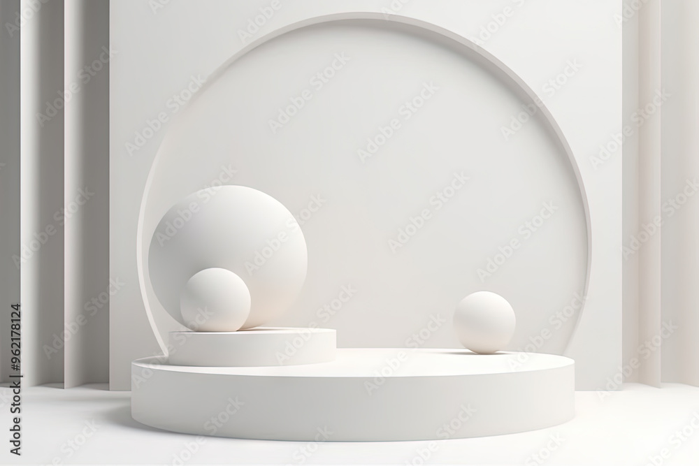 Poster pedestal in the room in white color with geometric shapes. podium for product showcase with geometri
