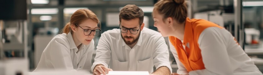 Obraz premium A collaborative team of engineers analyzing a 3D-printed prototype, soft watercolor blending of machinery and bright hues highlighting innovation and design