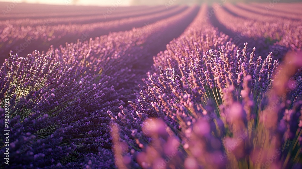 Poster  Lavender field with sun shining through clouds