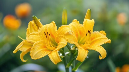 Obraz premium Two yellow daylilies with water droplets on petals, blurred green background.