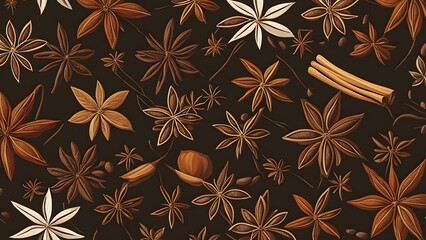 Abstract wallpaper illustration of Christmas spices like cinnamon sticks, star anise, and cloves
