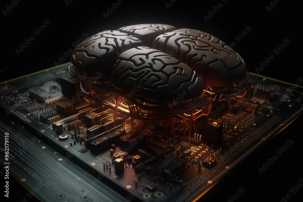Poster Artificial intelligence science concept with technological AI brain on the circuit board