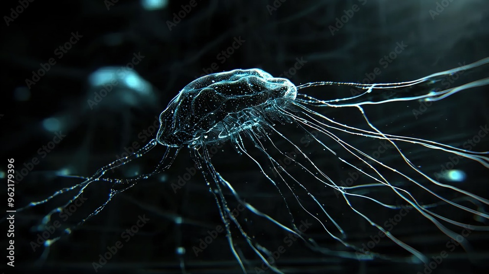 Poster a clear picture of a jellyfish head on a dark background with minimal blur