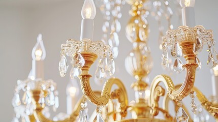 A gold-toned chandelier set against a white background, designed for apartment decor.