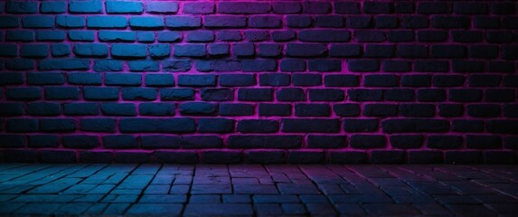 black brick wall background with neon lighting effect pink purple and blue glowing lights on empty brick wall background.