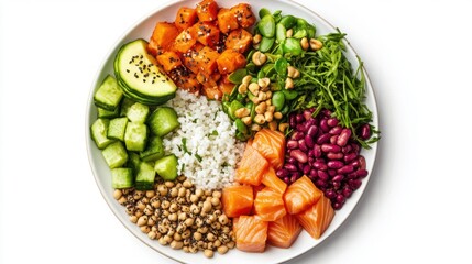 Healthy aging concept with a plate of balanced nutrition, vibrant and fresh ingredients, isolated on white background