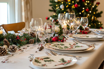 Fototapeta premium A Festive Christmas Feast Awaits: A Beautifully Decorated Dining Table Set for a Special Holiday Celebration