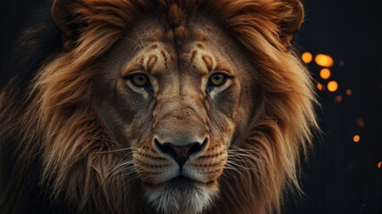 Naklejka premium Tattoo of a lion face on black background.